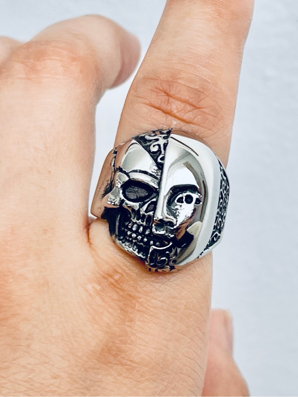 Men's Silver half Skull half human Face Statement Ring